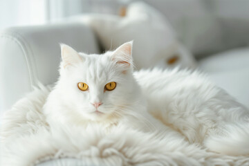 Charming Domestic White Cat With Yellow Eyes and Long Fur Lying On White Fur Blanket at Sofa in the Living Room