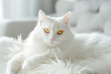 Charming Domestic White Cat With Yellow Eyes and Long Fur Lying On White Fur Blanket at Sofa in the Living Room