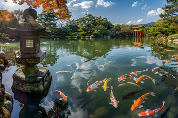 Descending Autumn Colors: A Serene Landscape in a Traditional Japanese Garden with Torii Gate and...