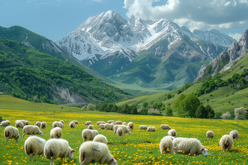 Flock of sheep grazing on green meadow in mountains. Landscape with the sheeps herd eating grass,...