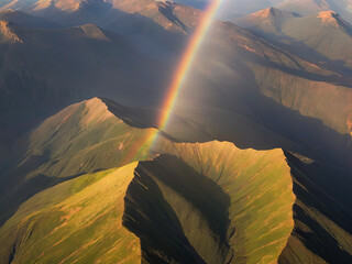 photography top view of mountain , with morning sunlight creating rainbows