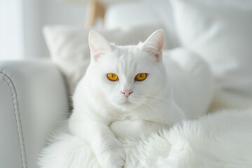 Fototapeta na wymiar Charming Domestic White Cat With Yellow Eyes and Short Hair Is Lying On White Armchair in the Living Room