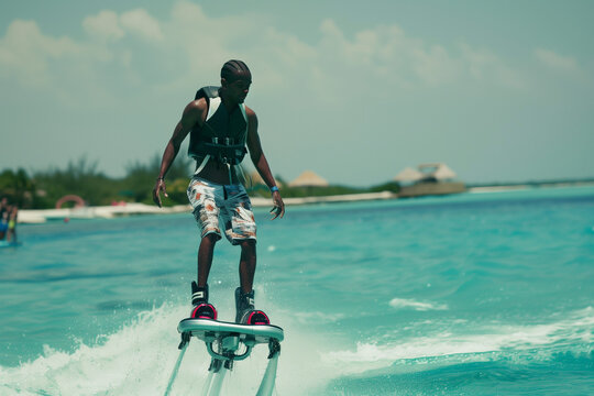 Young black man is flying at the aquatic flyboard. Water extreme sport