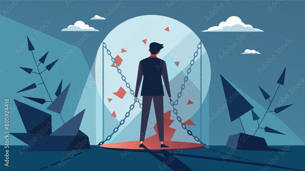Poster a person standing in front of a shattered mirror with broken chains representing the breaking of sel