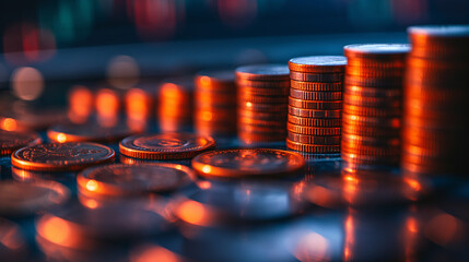 Stock market or forex trading graph and candlestick chart suitable for financial investment concept. Economy trends background for business idea and all art work design. double exposure of coins are a