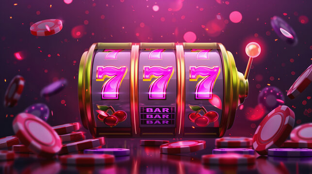 Naklejki Banner of mobile online casino application with 777 big win slot machine. Poster with online mobile app casino and Jackpot 777.