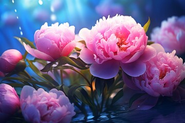 Vibrant pink peony flowers in water