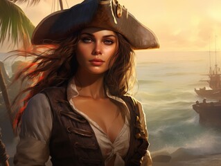 Fototapeta premium Captivating pirate woman in the sunset