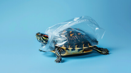 A turtle in a plastic bag, blue background, side view