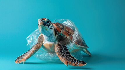 A turtle in a plastic bag, blue background, frontal view