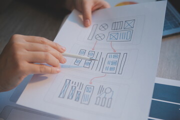 UX UI design process for modish mobile application and website . Creative prototype of wireframe...