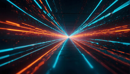 Neon Odyssey, Abstract Futuristic Background Portal Tunnel with Dynamic Red, Orange, and Turquoise...