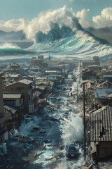 The Realistic Illustration of the Destructive Force and Overwhelming Aftermath of a Tsunami