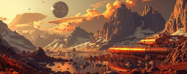 A beautiful landscape of a distant planet with a large moon in the sky