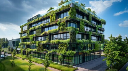 Fototapeta premium The Green Office Building is a modern, eco-friendly office building that is covered in plants and vegetation