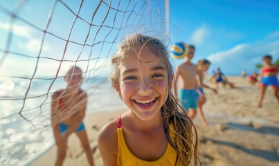 Cheerful kids children girl and boys with toothy smile playing volleyball on a beach during summer holidays