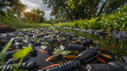 Image Caption: Plastic bottles and other trash pollute a river, harming the fish and other wildlife that live there.