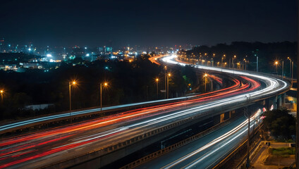 Nighttime Trails, Long Exposure Shot of a Busy Highway Capturing the Flow of Traffic