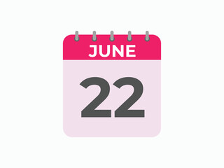 June 22 calendar reminder. 22 June daily calendar icon template. Calendar 22 June icon Design template. Vector illustration
