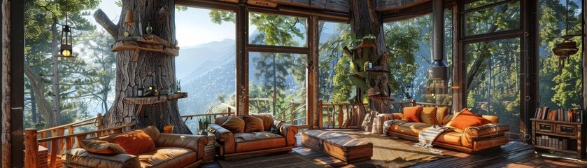 Design a modern rustic living room interior with a large tree in the center
