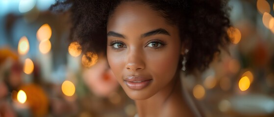 Fototapeta premium Beautiful African-Senegalese woman, stunningly beautiful face, unblemished perfect skin with soft blended metalic make-up, smiling flirty expression, table at an opulent wedding, Golden-Lighting