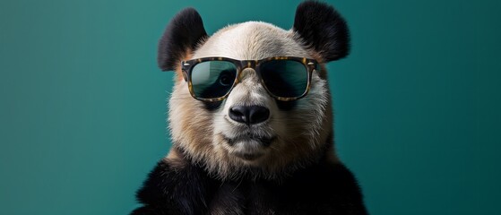 Panda with cool and dark sunglasses, green background