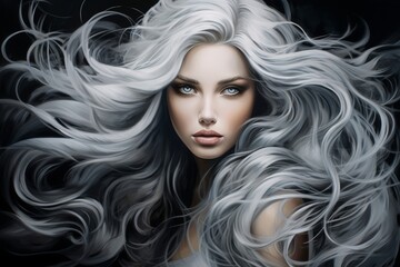 Fototapeta premium Dramatic portrait of a woman with flowing silver hair