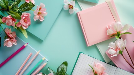 Education concept of books, notepads, pencils and flowers on the pastel background. Generated AI