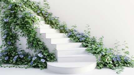 A white staircase with green vines growing up the steps
