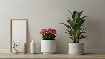 Interior poster mock up with plant pot,flower in room with white wall.