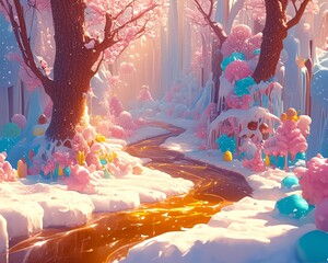 A magical scene in a Candy Forest where the ground is sprinkled with sugar and streams of liquid chocolate flow, ideal for fantasy or adventure themes , high detailed