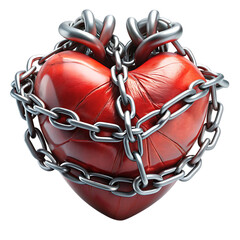 Red heart in chains closeup on a background of dirty old wall