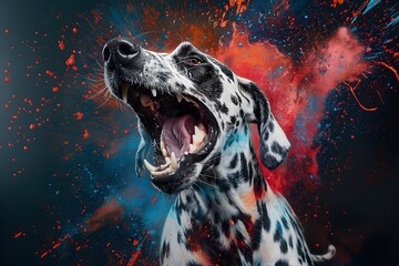 A dalmatian in full roar, charging forward with a fierce expression. Captured in a dynamic colours....
