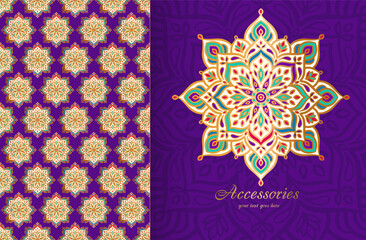 Luxury pattern on a purple background. Vector mandala template. Golden design elements. Traditional Turkish, Indian motifs. Great for fabric and textile, wallpaper, packaging or any desired idea.
