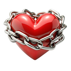 Red heart in chains closeup on a background of dirty old wall