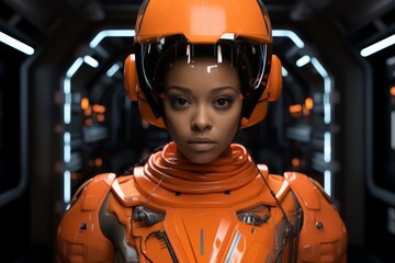 futuristic astronaut in orange spacesuit