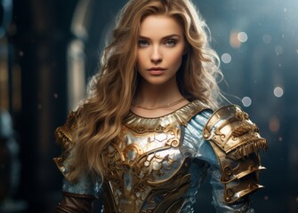 Fototapeta premium Warrior woman with golden armor and flowing blonde hair