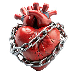 Red heart in chains closeup on a background of dirty old wall