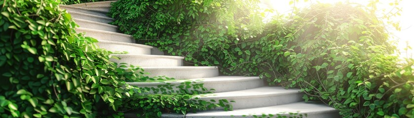 A stone staircase with green vines growing up the steps