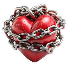 Red heart in chains closeup on a background of dirty old wall