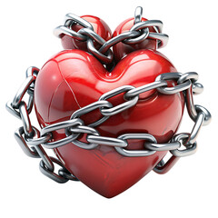 Red heart in chains closeup on a background of dirty old wall