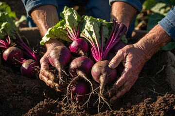 An overhead view of a farmer's hands gently lifting a bunch of vibrant purple beetroots - Powered by Adobe