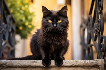 Mysterious black cat with piercing yellow eyes