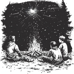 A group of friends stargazing around a campfire isolated on white background, sketch, png
