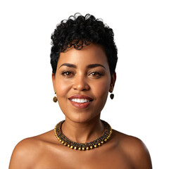 Middle aged African woman with short curly hair and tribal necklace plain face winking eyes. Essence of diverse femininity.