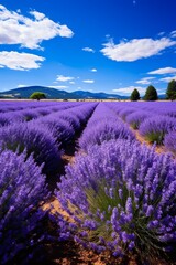Obraz premium Lavender field under blue sky with clouds