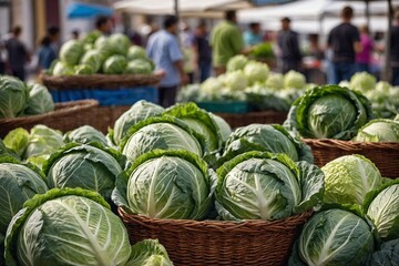 A market stall filled with baskets overflowing with fresh cabbage heads