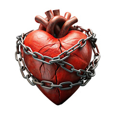 Red heart in chains closeup on a background of dirty old wall