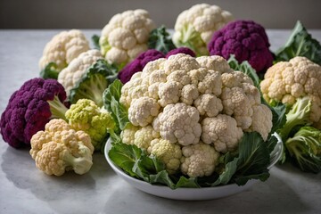 A colorful arrangement of fresh cauliflower, displayed on a table