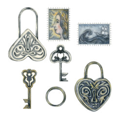 Silver and gold heart-shaped locks, keys and old stamps. Watercolor illustration for design template for wedding, Valentine's Day, Historical Knowledge Day, antique store, scrapbooking